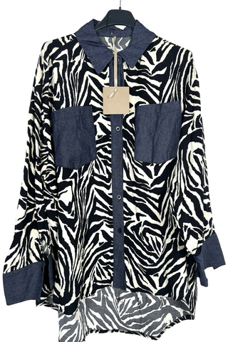 Zebra & Denim Print Button Down Top - Born To Glam