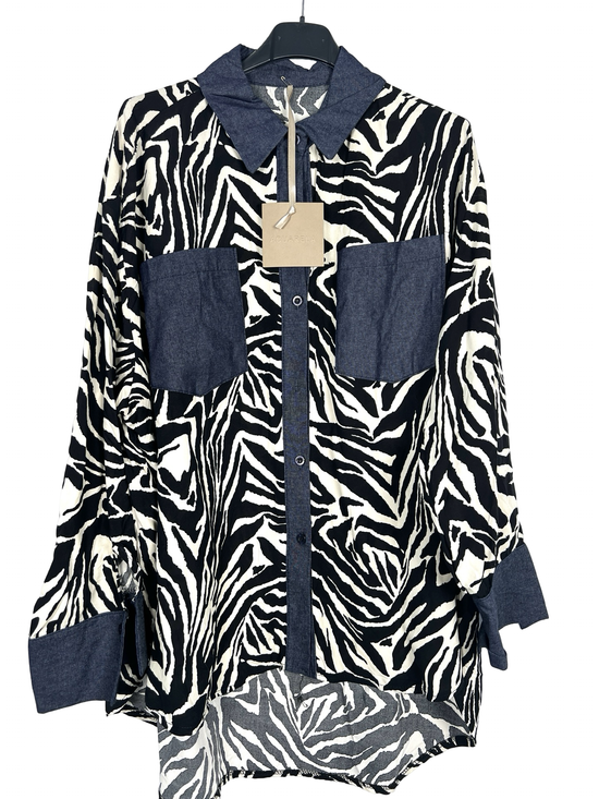 Zebra & Denim Print Button Down Top - Born To Glam