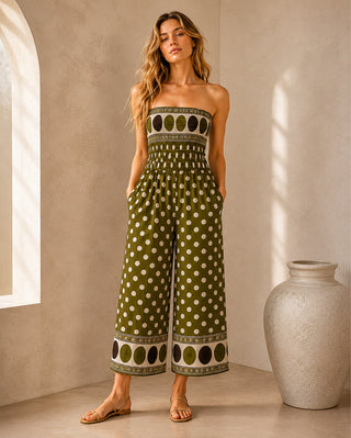 Olive Polka Dot Strapless Jumpsuit