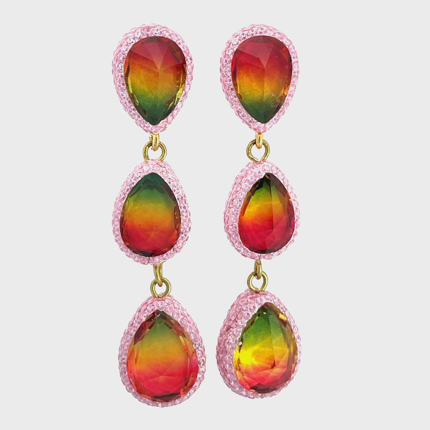 Load and play video in Gallery viewer, Pink Crystal Multicolor Gemstone 3 Tier Sterling Silver Earrings
