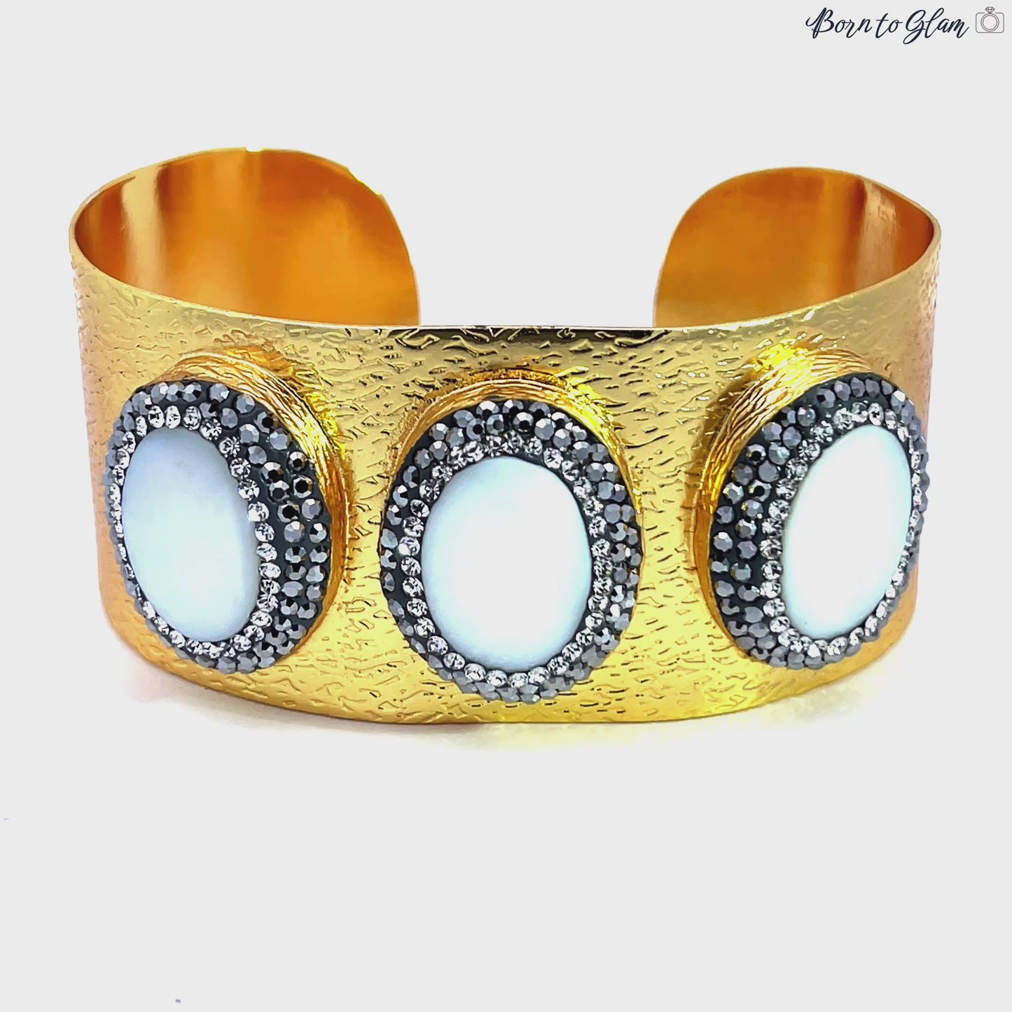 Load and play video in Gallery viewer, Mother Of Pearl Triple Gemstone Gold Plated Cuff Bracelet
