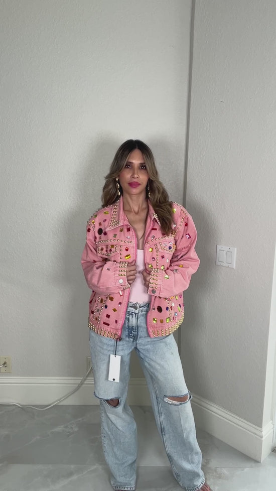 Load and play video in Gallery viewer, Chic Pink Multi Color Crystal Denim Jacket
