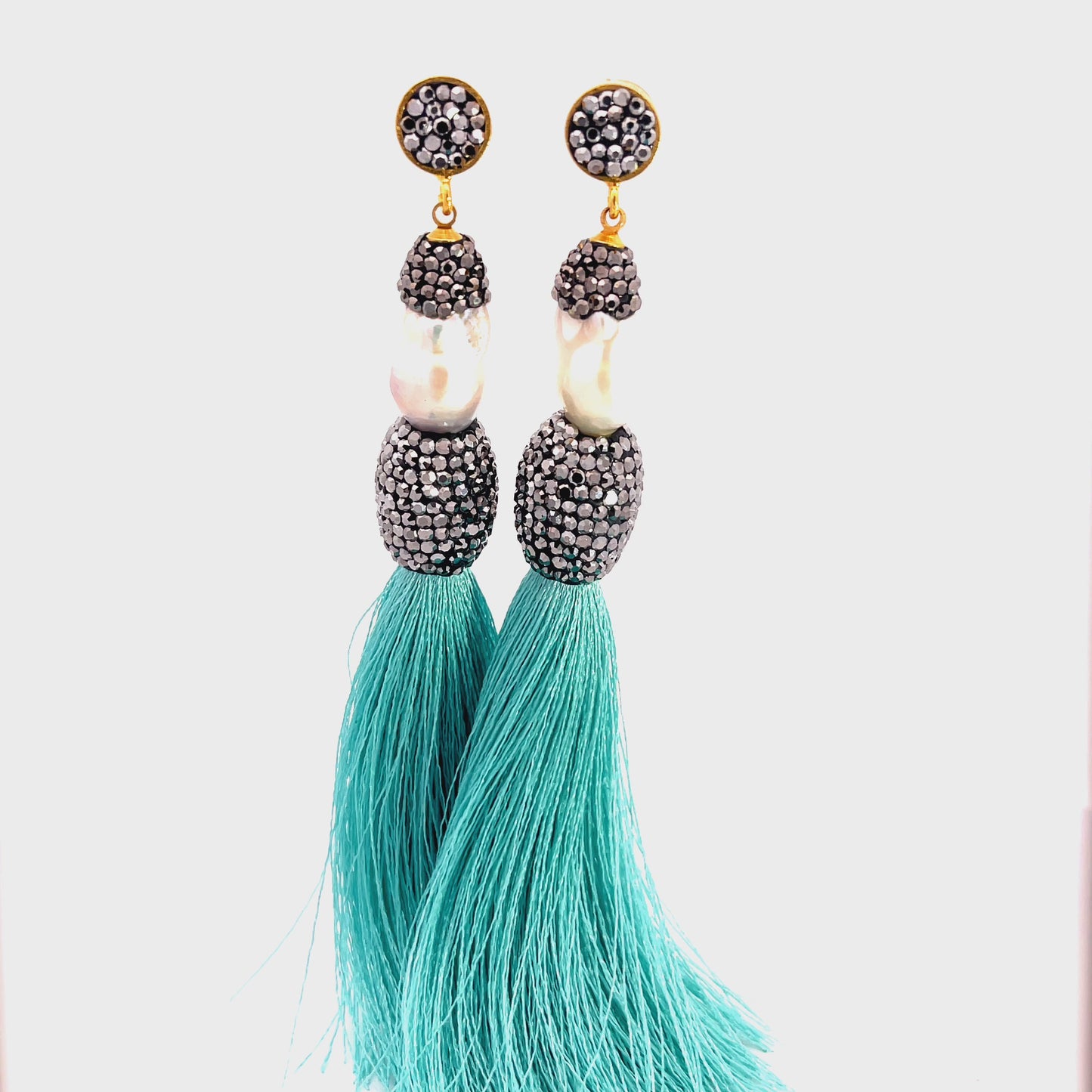 Baroque Cultured Pearl Silver Crystal Gold Plated Turquoise Tassel Earring