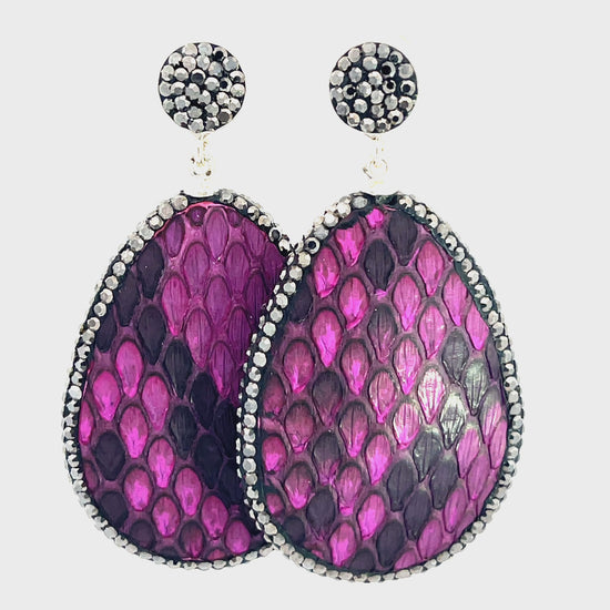 Purple Snakeskin Print Leather 925 Sterling Silver Teardrop Earring