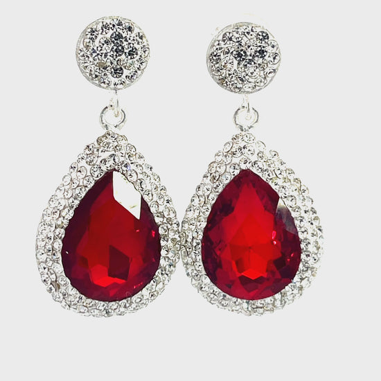 Red Cubic & Silver Crystal Drop Earring