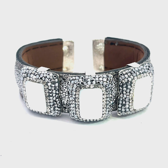 Load and play video in Gallery viewer, Triple Gemstone &amp;amp; Crystal Leather Cuff Bracelet
