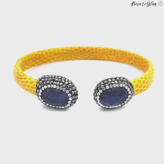 Load and play video in Gallery viewer, Yellow Shagreen Leather Blue Sapphire Gemstone Crystal Bracelet &amp;amp; Earring Set
