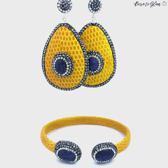 Load and play video in Gallery viewer, Yellow Shagreen Leather Blue Sapphire Gemstone Crystal Bracelet &amp;amp; Earring Set
