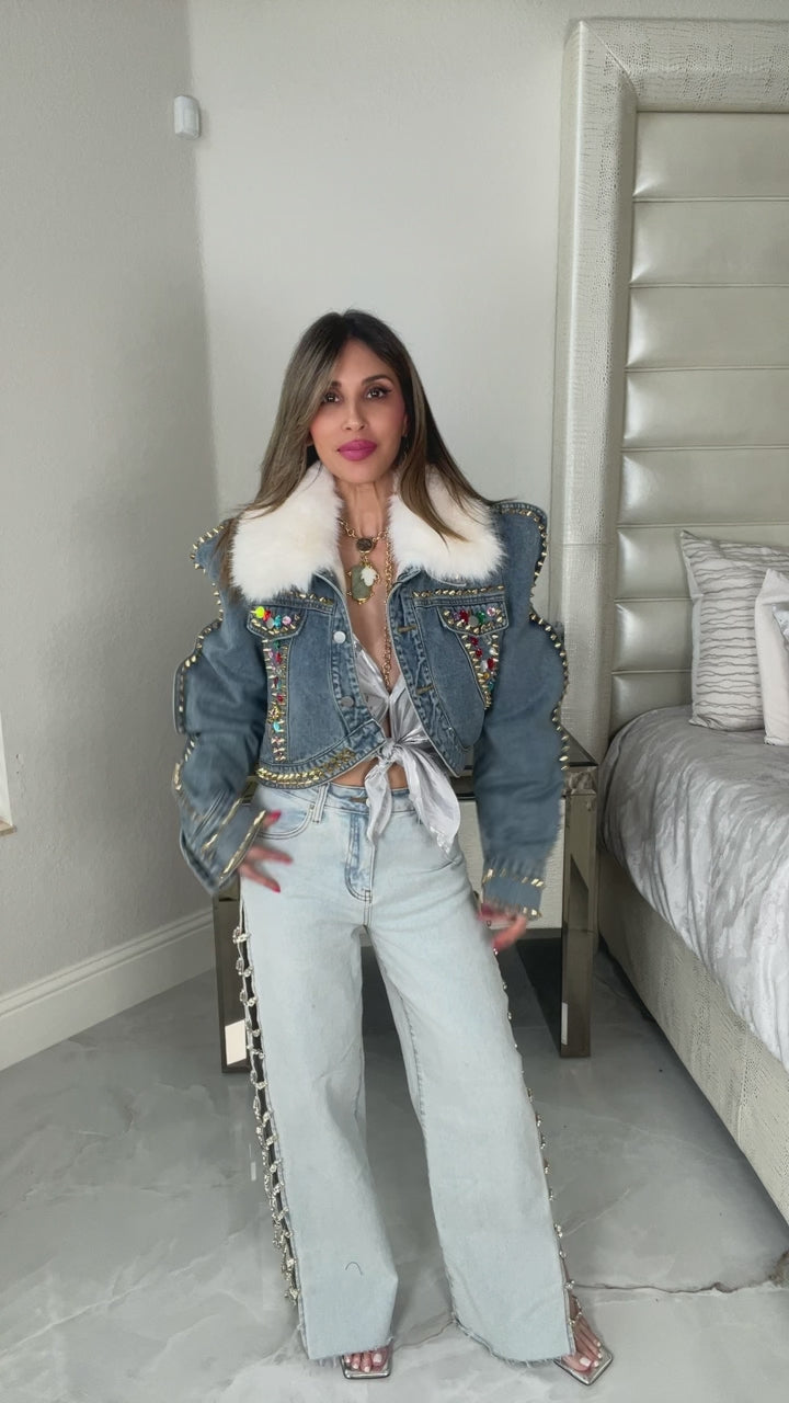 Load and play video in Gallery viewer, Faux Fur Crystal Denim Jacket
