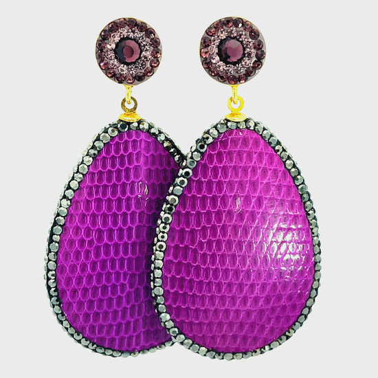 Fuchsia Purple Leather 925 Sterling Silver Teardrop Earring