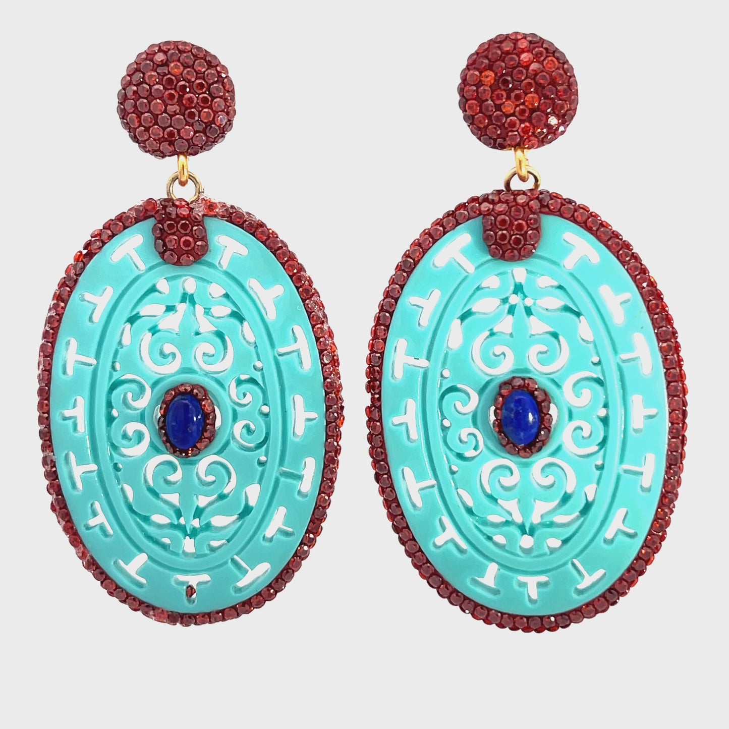 Load and play video in Gallery viewer, Red Crystal Turquoise Oval Sterling Silver Earrings
