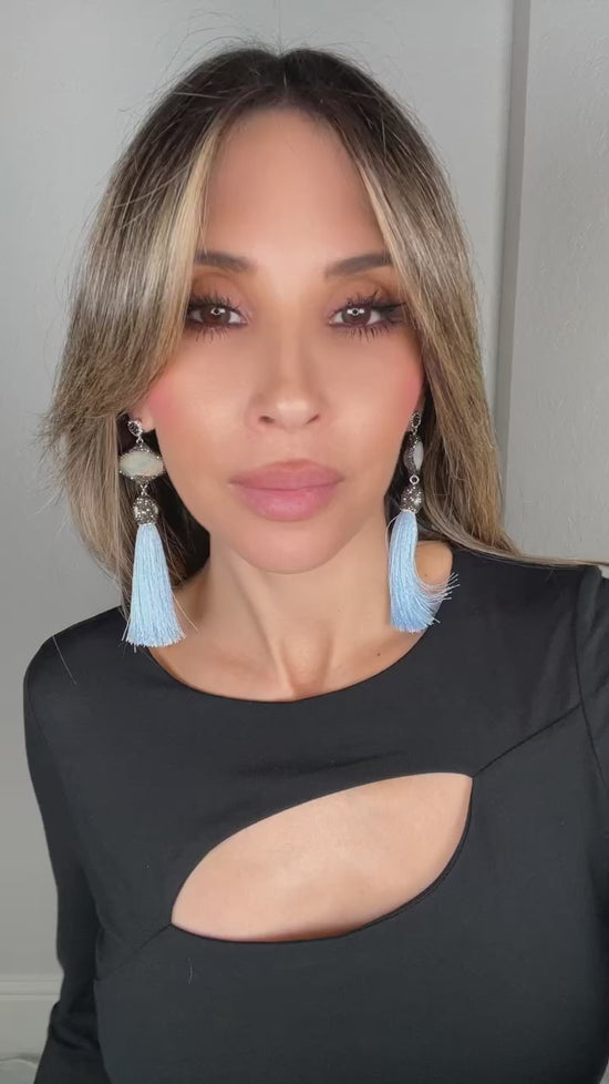 Load and play video in Gallery viewer, Grey Agate Statement Tassel Earring
 Born To Glam