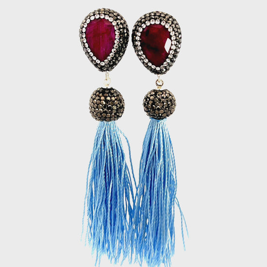 Load and play video in Gallery viewer, Teardrop Gemstone Tassel 925 Sterling Silver Earring
