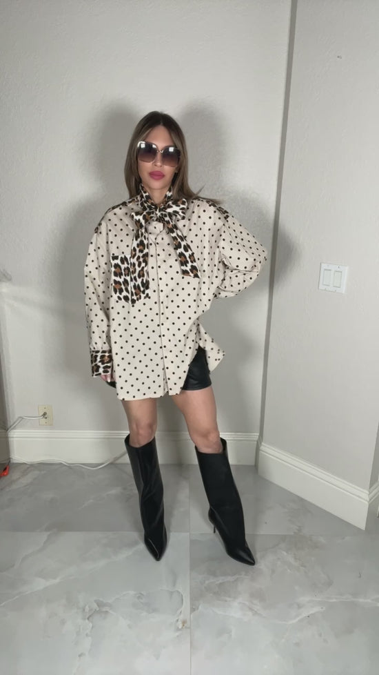 Polka Dot Leopard Neck Tie Blouse Born To Glam