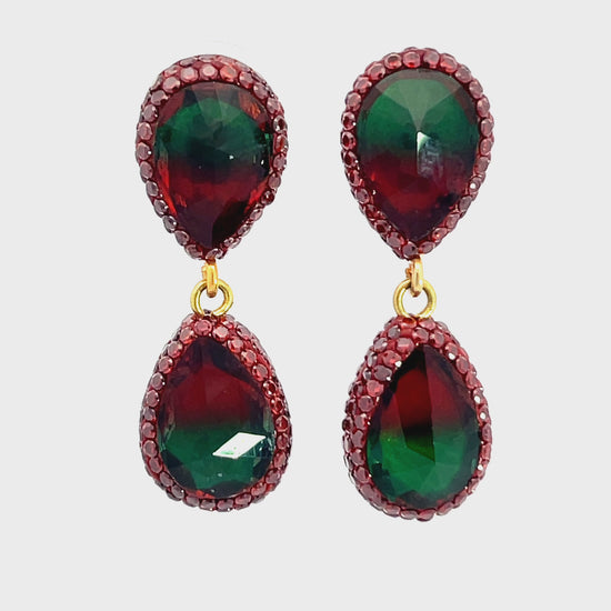 Load and play video in Gallery viewer, Burgundy Crystal Multicolor Gemstone Dangle Sterling Silver Earrings
