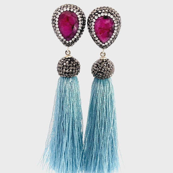 Load and play video in Gallery viewer, Teardrop Gemstone Tassel 925 Sterling Silver Earring
