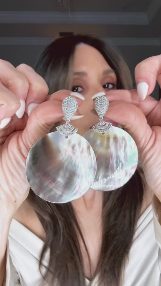 Load and play video in Gallery viewer, Mother Of Pearl Large Disc Drop Earrings
 Born To Glam