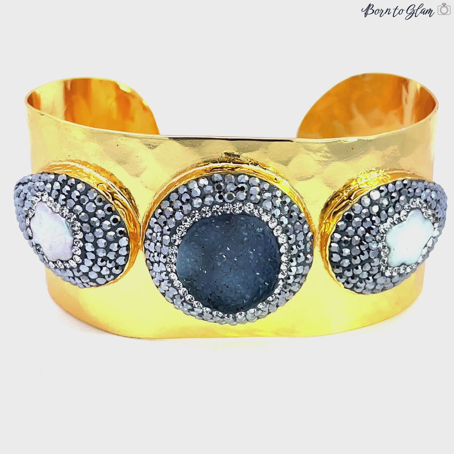 Load and play video in Gallery viewer, Triple Gemstone Gold Adjustable Cuff Bracelet
