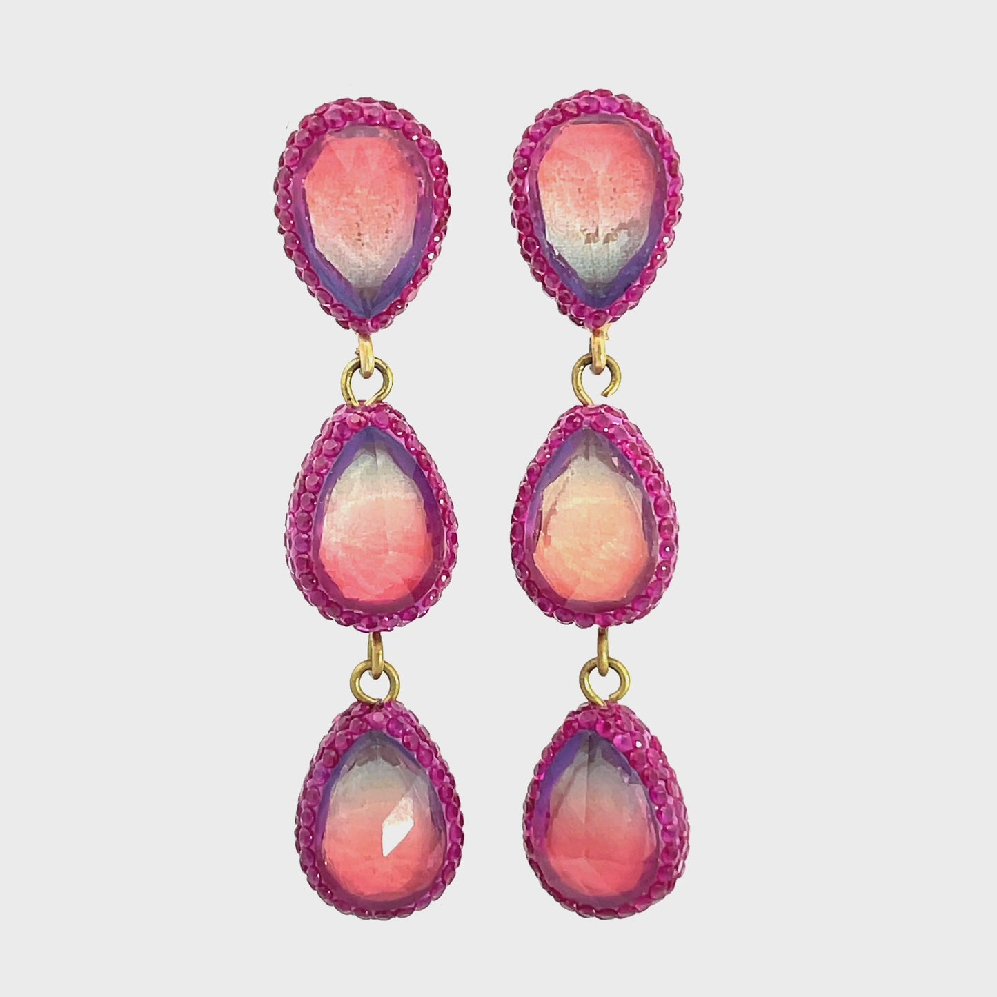 Load and play video in Gallery viewer, Fuchsia Crystal Multicolor Gemstone 3 Tier Sterling Silver Earrings
