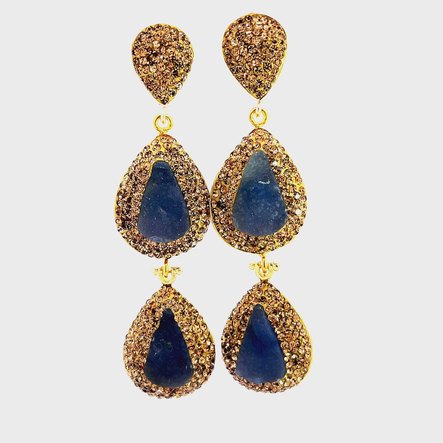 Load and play video in Gallery viewer, Blue Druzy Chalcedony Gold Crystal Double Drop Earring
