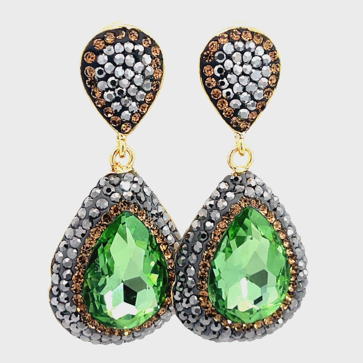 Load and play video in Gallery viewer, Lime Green Cubic Gold &amp;amp; Hematite Crystal Gold Plated Drop Earring
