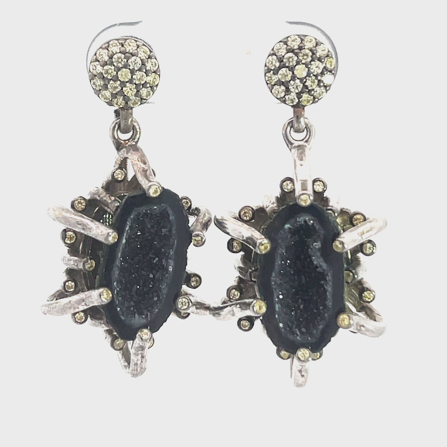 Load and play video in Gallery viewer, Black Agate &amp;amp; Crystal Sterling Silver Dangle Earrings
