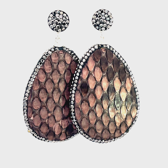 Brown Snakeskin Print Leather 925 Sterling Silver Teardrop Earring