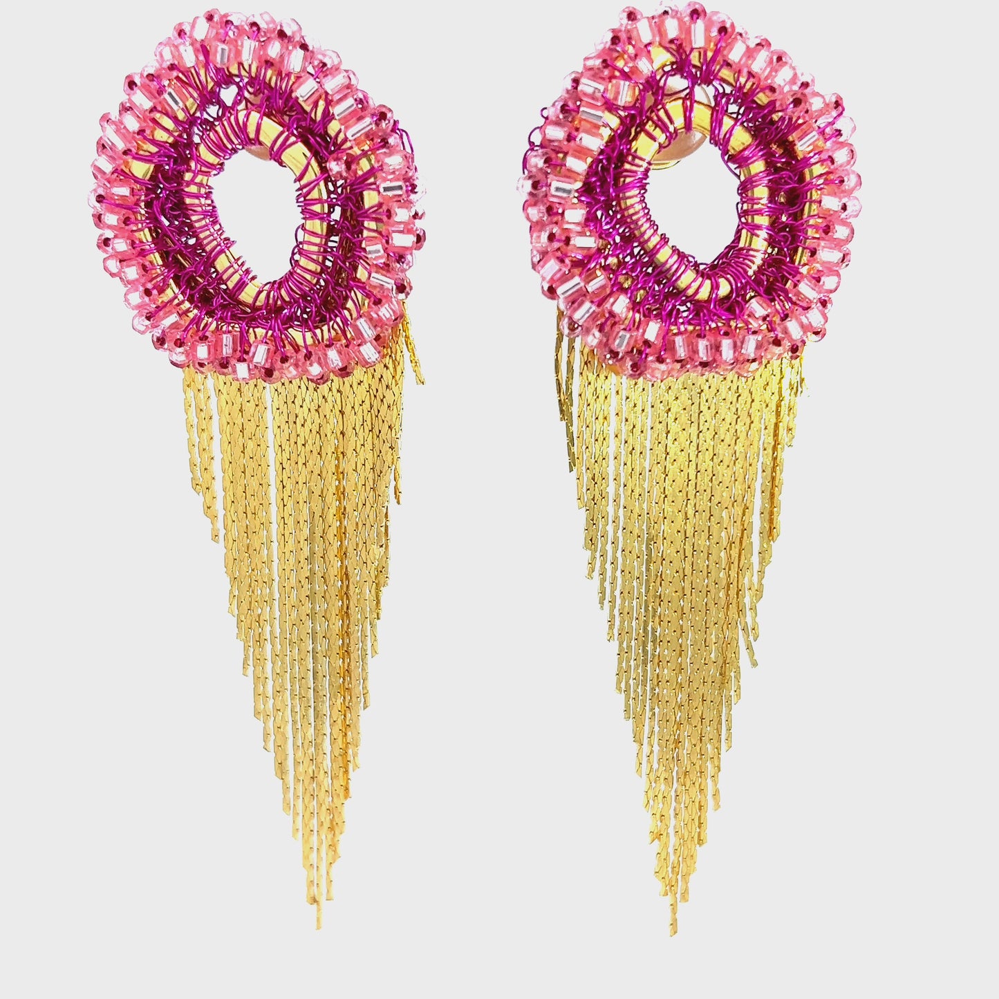 Load and play video in Gallery viewer, Pink Crystal &amp;amp; Gold Fringe Earring
 Born To Glam