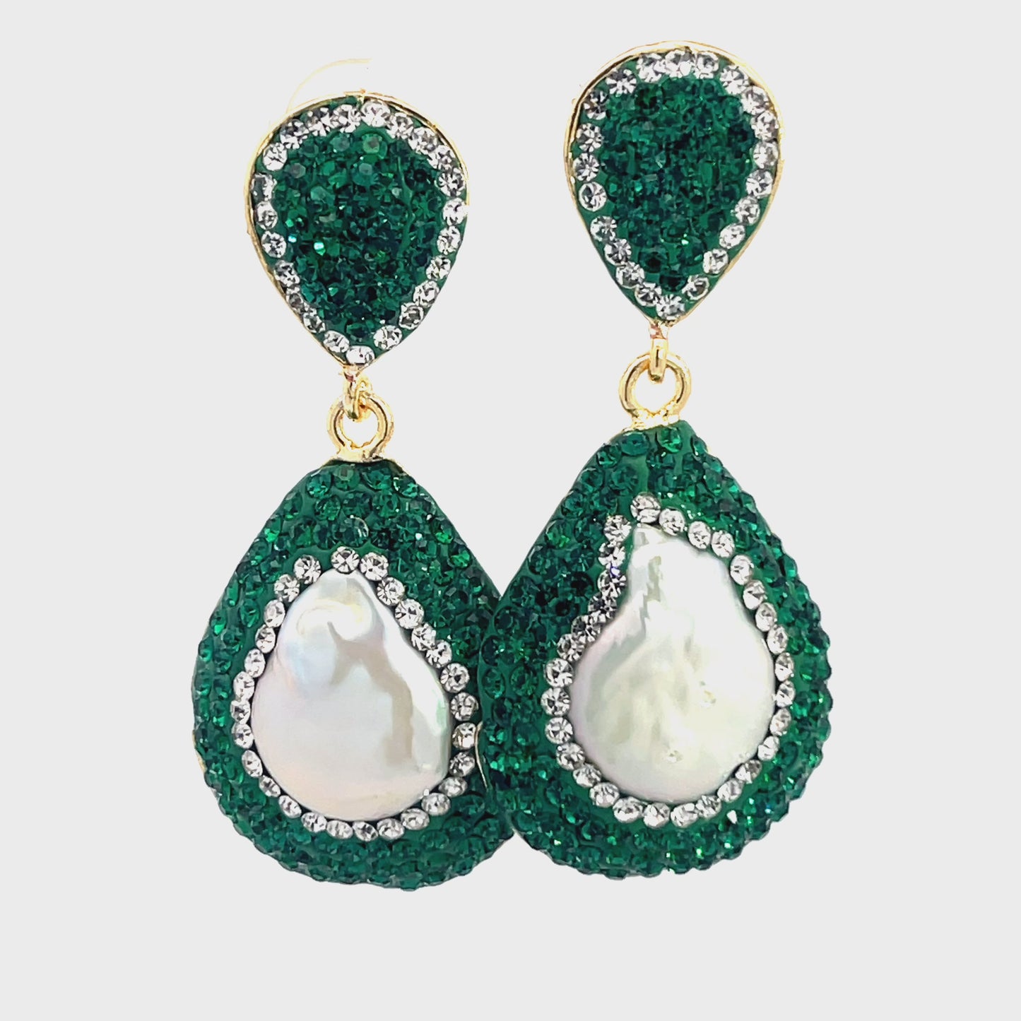 Load and play video in Gallery viewer, Pearl Green &amp;amp; Silver Crystal Gold Plated Drop Earring
