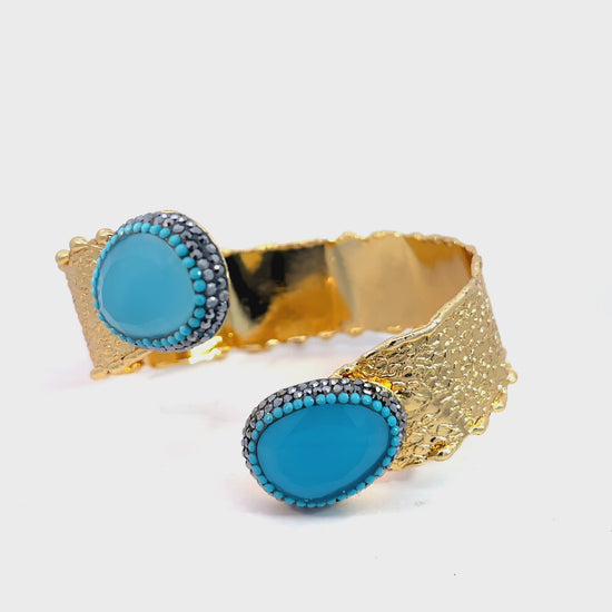 Load and play video in Gallery viewer, Turquoise Gold Gemstone Cuff Bracelet
