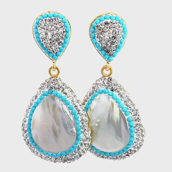 Load and play video in Gallery viewer, Mother of Pearl Turquoise &amp;amp; Silver Crystal Drop Earring
