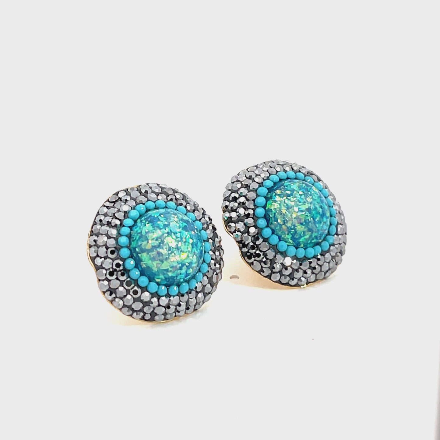 Load and play video in Gallery viewer, Turquoise Blue Mixed Cubic Zirconia Silver Crystal Gold Plated Stud Earring
