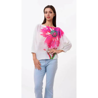 White Pink Sparkle Flower Graphic Knit Top