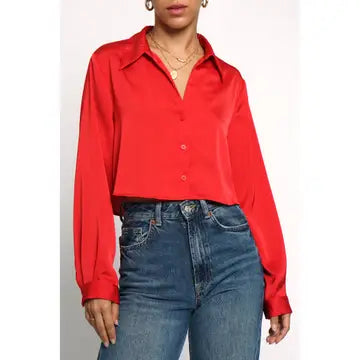 Red Cropped Satin Blouse