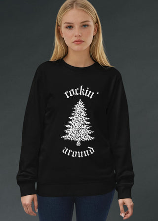 Black long sleeve crew neck graphic top featuring a Christmas tree design with animal print details and festive Rockin' Around Christmas lettering.
