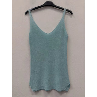 Baby blue shimmer knit tank top with a V-neckline and slender straps displayed on a hanger.