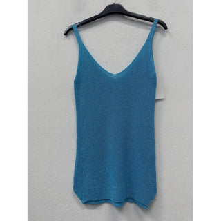 Sky blue shimmer knit tank top with a V-neckline, slim sleeveless silhouette, and metallic finish displayed on a hanger.