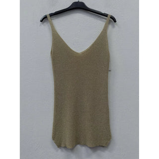 Champagne metallic knit V-neck tank top on a hanger with a sleeveless fitted silhouette and subtle shimmer finish.