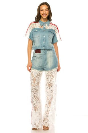 Light Wash Crochet Lace Denim Pant Set