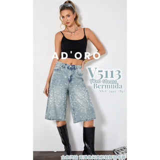 Blue Crystal Studded Denim Bermuda Shorts