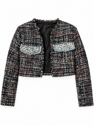 Black Pearl Pocket Tweed Cropped Jacket front view on a white background