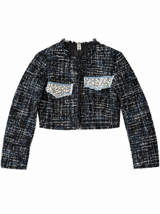 Blue Pearl Pocket Tweed Cropped Jacket front view on a white background