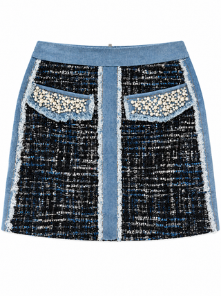 Blue Pearl Pocket Tweed Mini Skirt front view on a white background