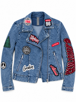 Blue Rock and Roll Patch Denim Moto Jacket front view on a white background