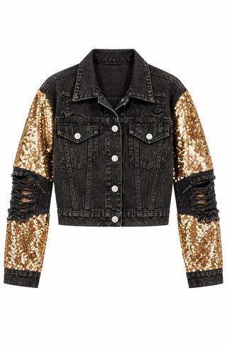 Black Gold Sequin Sleeve Denim Jacket front view on a white background