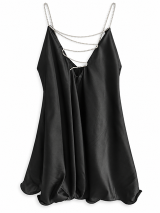Black Rhinestone Chain Bubble Mini Dress front view on a white background