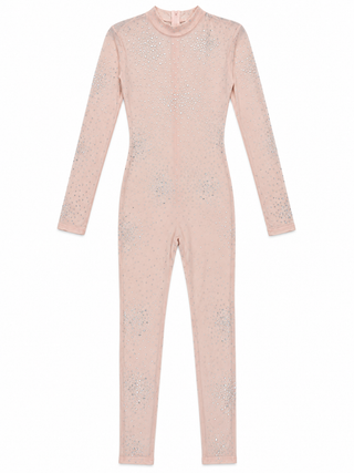 Beige Rhinestone Long Sleeve Jumpsuit front view on a white background