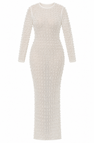 White Pearl Embellished Long Sleeve Maxi Dress front view on a white background