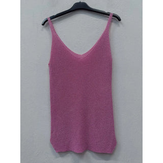 Blush pink shimmer knit tank top with thin straps displayed on hanger