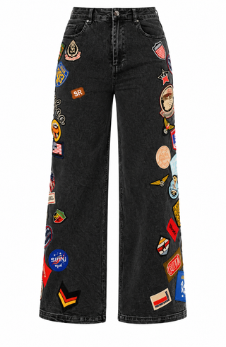 Black Patchwork Wide Leg Denim Pants front view on a white background
